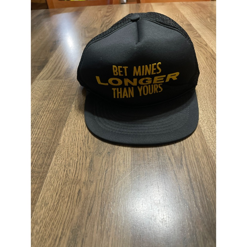 Flat Bill Trucker Hat Black Orange "Bet Mines Longer Than Yours" One Size Hat